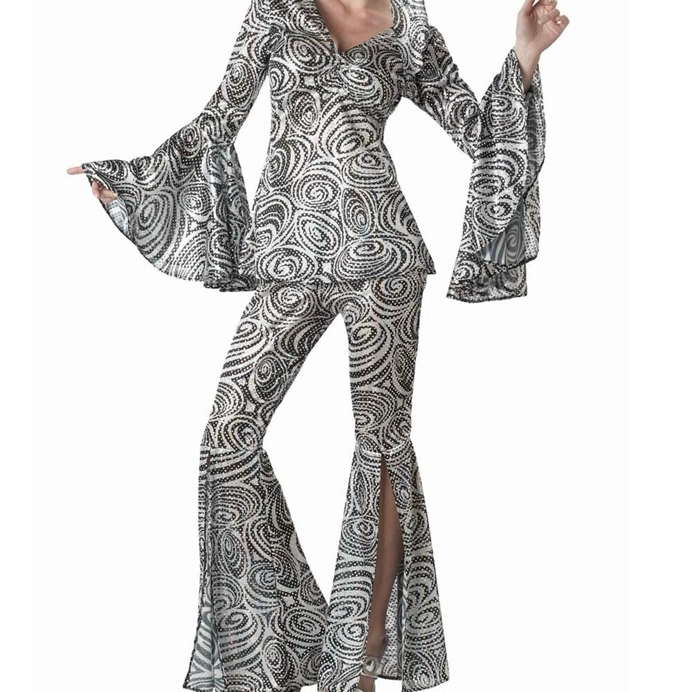 Black/White Zebra Print Bedazzled Disco 80’s Hippie Girl Halloween Costume XL